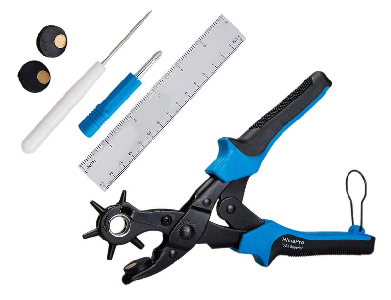 HimaPro مثقاب دوار جلد HimaPro للاحزمة، وأطواق الكلاب، والسرج، والأحذية، وأشرطة الساعات، وغيرها مع مسطرة قياس، ولوحتين مثقوبتين احتياطيتين، ومثقاب معدني صغير - Image 1